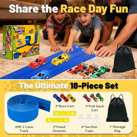 Kids playing with 20ft Triple Lane Flexible Race Track For Kids, DIY racetrack with cars and accessories, compatible with 1/64 cars.