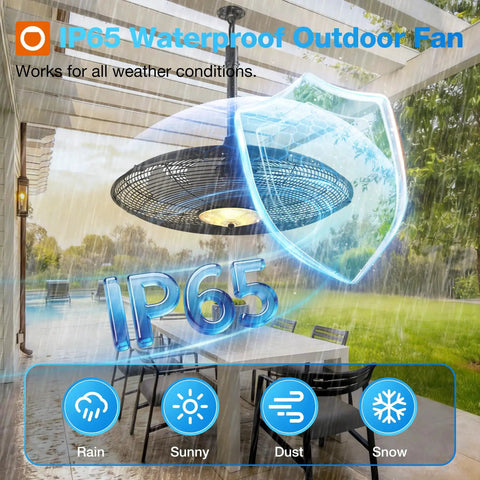 Outdoor Ceiling Fan With Light For Patios And Pergolas 24 Inch Black IP65 Waterproof Gazebo Fan in rain under pergola