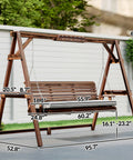 Three Seat Porch Swing With Stand Outdoor Patio Bench For Garden And Poolside Use With Comfy Cushioned Seat Side Trays And Durable Metal Chains Carbonized Brown shown with dimensions