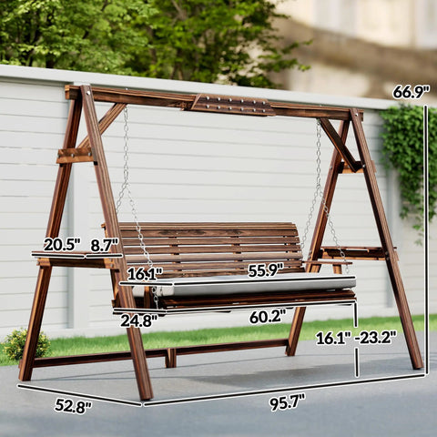 Three Seat Porch Swing With Stand Outdoor Patio Bench For Garden And Poolside Use With Comfy Cushioned Seat Side Trays And Durable Metal Chains Carbonized Brown shown with dimensions