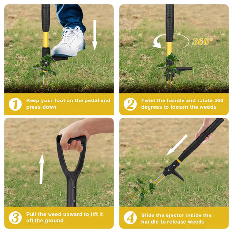 Stand Up Weed Puller Tool With Detachable 3-Claw Weeder, 39 Inch Ergonomic D-Handle, Heavy Duty Garden Hack For Dandelions And Thistles, No Bend Weeding, Easy To Use In Damp Soil; foot pedal and 360° weed removal