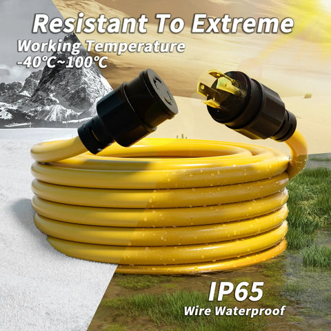Beefy 50 Foot 30 Amp Generator Extension Cord 4 Prong NEMA L14-30P To L14-30R, 10 Gauge STW 125/250V Twist Lock, Yellow coiled with connectors