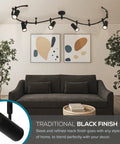 Living room with Ellipse Track Ceiling Light With Five Adjustable LED Heads In Black Finish, accenting modern decor and art.