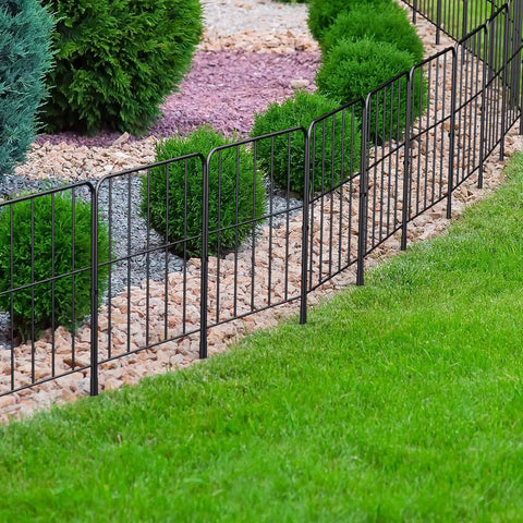 24 Inch Tall Rustproof Metal Garden Fence Panels Set Of 25 Total 27 Feet Long For Landscape Border And Animal Barrier, Square Decorative Edging, Black Coated Wire installed along garden path