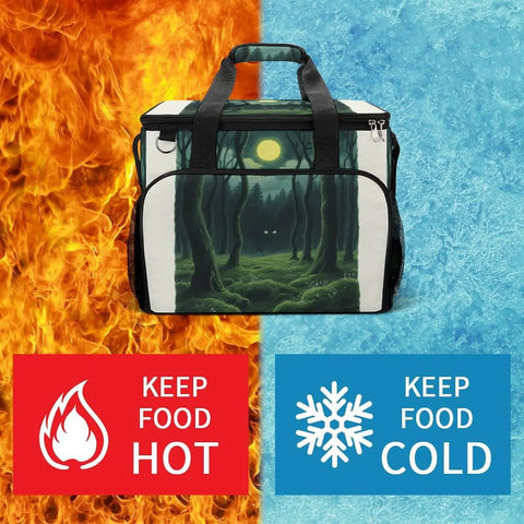 Large 30L Insulated Picnic Backpack Tote Cooler Bag Waterproof And Leakproof For Beach Hangouts And BBQ Keeps Food Fresh And Drinks Cold For Hours Grab And Go Lunch Box Style Outdoor Gear You Can Rely On, illustrated with fire and ice backgrounds to show temperature versatility.