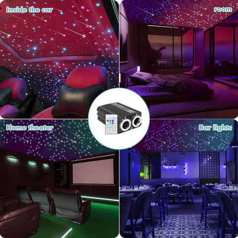Headliner Star Light Kit with 1200 pcs 0.03 inch fiber optic cables illuminating car, bedroom, home theater, and bar ceilings.