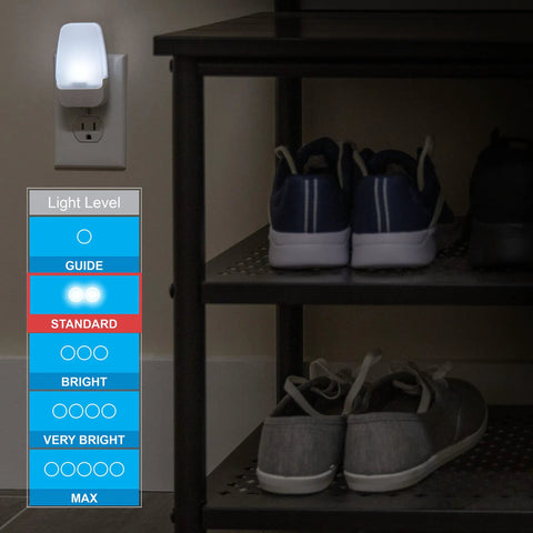Plug In Wall Night Lights With Dusk To Dawn Sensor Ambient Cool White Lighting illuminating a hallway near shelves