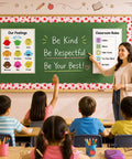 Teacher in classroom using Six Back To School Bulletin Board Borders Set 198 Feet Total with 2.36 inch wide pencil notebook trim.