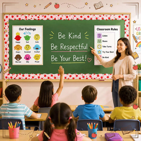 Teacher in classroom using Six Back To School Bulletin Board Borders Set 198 Feet Total with 2.36 inch wide pencil notebook trim.