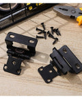 Soft Close Self Closing Concealed Kitchen Cabinet Door Hinges With Offset Spring Half Cover Black Finish and screws on wood surface