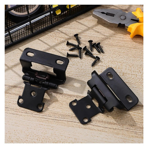 Soft Close Self Closing Concealed Kitchen Cabinet Door Hinges With Offset Spring Half Cover Black Finish and screws on wood surface
