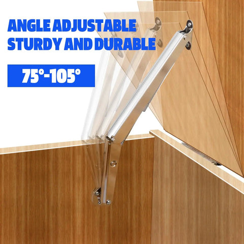 Two Pack 250N Lid Support Hinges For Toy Boxes installed on wooden trunk, demonstrating adjustable angle and support