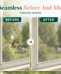 Before and after repair using Heavy Duty Fiberglass Screen Repair Tape Patch 7cm by 5cm Self Adhesive Mesh Repair Kit.