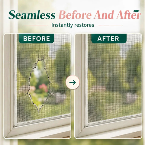 Before and after repair using Heavy Duty Fiberglass Screen Repair Tape Patch 7cm by 5cm Self Adhesive Mesh Repair Kit.