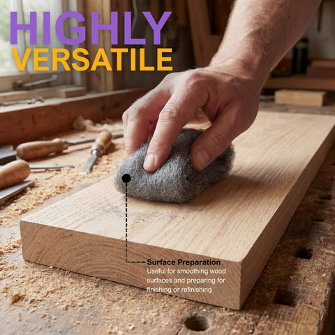 Using Ultra Fine 0000 Steel Wool Scrubbers for Glass and Surfaces Pack of 8, polishing wood on workbench