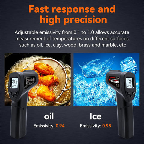 Non-Contact Infrared Thermometer Gun With Backlit Display, Instant Read From -50C To 550C, 12 To 1 Distance Spot Ratio, Adjustable Emissivity, Go-To Handheld Laser IR Thermometer For Home, Kitchen, Automotive, Black showing oil and ice surface readings