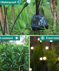 Solar Firefly Garden Lights 4-Pack, Waterproof Outdoor Decor With Flexible Green Stems And Leaves showing IP65 waterproof, heat and frost-resistant features.