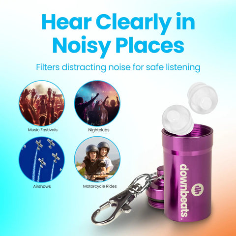Dope Concert And Festival Ear Plugs With High Fidelity Sound Filters in purple aluminum case, high-fidelity hearing protection