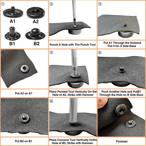 Step-by-step installation of a 15Mm Brass Snap Fasteners Kit With Caps And Sockets, Rivets And Snaps For Jackets And Belts, DIY Crafts