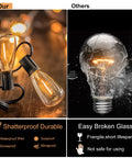 Comparison of shatterproof ST38 LED bulb and broken glass bulb from Outdoor String Lights 200 Ft Waterproof Patio Lighting With 102 ST38 Shatterproof LED Bulbs Dimmable Vintage Edison Glow For Backyard Porch Gazebo Parties 2 Pack Of 100 Foot Strands.