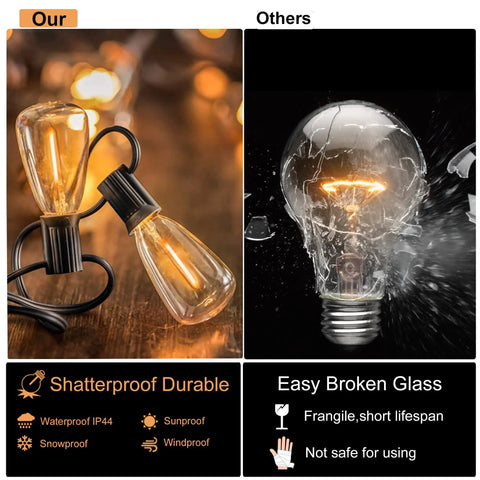 Comparison of shatterproof ST38 LED bulb and broken glass bulb from Outdoor String Lights 200 Ft Waterproof Patio Lighting With 102 ST38 Shatterproof LED Bulbs Dimmable Vintage Edison Glow For Backyard Porch Gazebo Parties 2 Pack Of 100 Foot Strands.