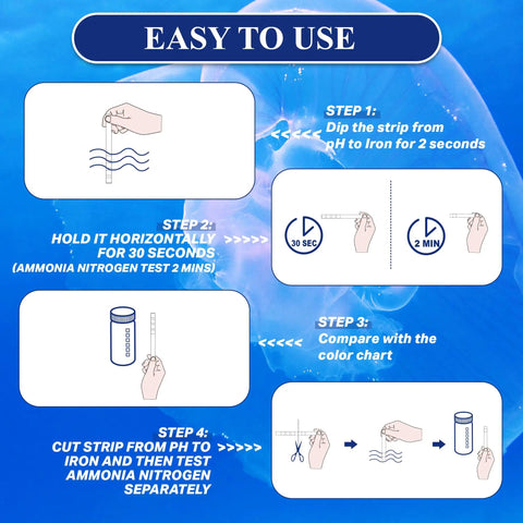 Instructions for Top Shelf Aquarium Test Strips Checks Ph Ammonia Chlorine Hardness Alkalinity Nitrite Sulfate Copper Iron usage.