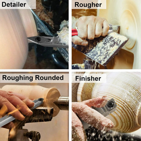 Carbide Wood Lathe Tools 8-Piece Set with Carbide Tipped Handles for Roughing, Finishing, Detailing, and Shaping in Action