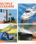 Collage with RV, boat, camping, and garden sprayer for High Pressure 12V DC RV Water Diaphragm Pump With Smart Pressure Switch Delivers 5.5 GPM At 70 PSI Self Priming Wash Down For Boat Camper Marine Sprayer Garden Off Grid applications