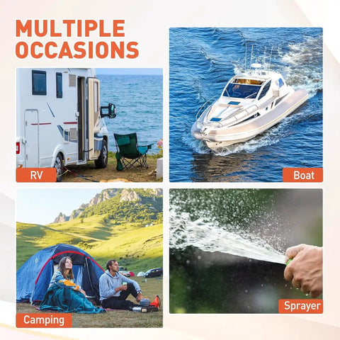 Collage with RV, boat, camping, and garden sprayer for High Pressure 12V DC RV Water Diaphragm Pump With Smart Pressure Switch Delivers 5.5 GPM At 70 PSI Self Priming Wash Down For Boat Camper Marine Sprayer Garden Off Grid applications