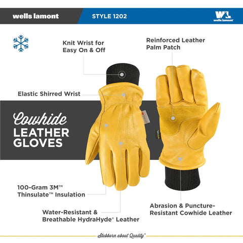 HydraHyde Water Resistant Cowhide Insulated Leather Work Gloves With Reinforced Palm For Grip Like A Boss And 3M Thinsulate Warmth Slip On Knit Wrist XL Size, showing front and back of gloves