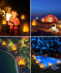 Solar Outdoor Torch Lights With Flickering Flame For Backyard And Garden Decor Waterproof LED Pathway Lanterns For Patio Yard And Camping Eight Pack Easy Auto On Off around a campsite, pool, and garden at night.