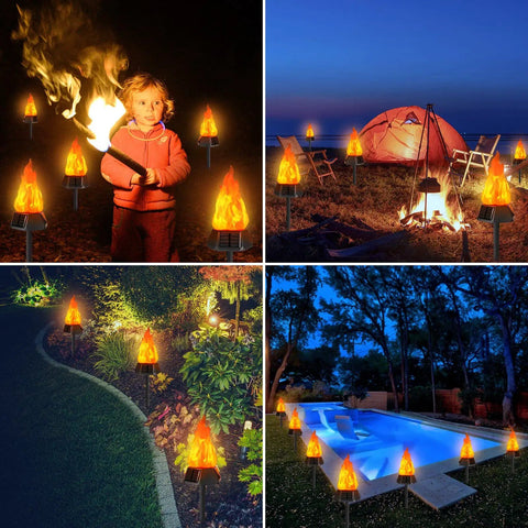 Solar Outdoor Torch Lights With Flickering Flame For Backyard And Garden Decor Waterproof LED Pathway Lanterns For Patio Yard And Camping Eight Pack Easy Auto On Off around a campsite, pool, and garden at night.
