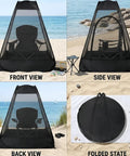 One Person Pop Up Mosquito Net Tent With Mesh Shelter, Instant No Fuss One Second Setup, Single Person Camping Shelter made of Oxford Fabric shown from front, side, back and folded state on a beach.