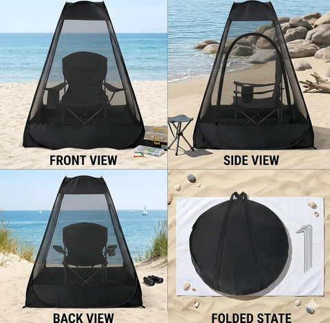 One Person Pop Up Mosquito Net Tent With Mesh Shelter, Instant No Fuss One Second Setup, Single Person Camping Shelter made of Oxford Fabric shown from front, side, back and folded state on a beach.