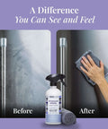 Before and after of stainless steel surface with Stainless Steel Cleaner And Polish Bundle With USDA Biobased Formula, Fingerprint And Residue Remover, Lavender Scent bottle and cloth
