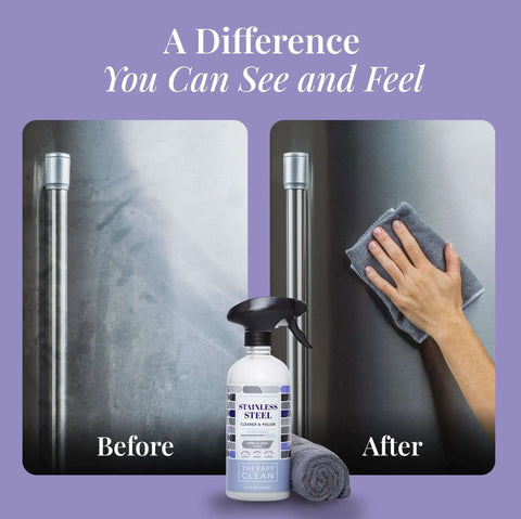Before and after of stainless steel surface with Stainless Steel Cleaner And Polish Bundle With USDA Biobased Formula, Fingerprint And Residue Remover, Lavender Scent bottle and cloth
