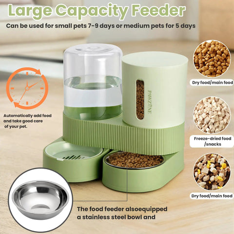 Automatic Pet Feeder And Gravity Water Dispenser Set Giving Busy Pet Parents A Peace Of Mind With Heavy Duty Stainless Steel Bowls For Cats Dogs And Puppies Ensuring Fur Kids Stay Well Fed And Hydrated Daily In Green with large capacity and water storage.