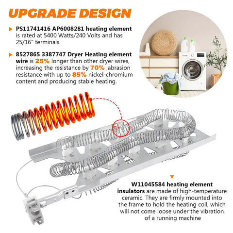 Heavy Duty Dryer Heating Element Replacement WP3387747 for Whirlpool Amana Kenmore dryers with coil and ceramic insulators visible