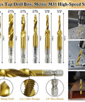 Topshelf 39 Piece Countersink Drill Bit And Wood Plug Cutter Set With Deburring Tool Step Bits And High Speed Steel Hex Shank Multipurpose Drill Kit built tough for every no sweat shop job, featuring 6 metric M35 high-speed steel tap drill bits.
