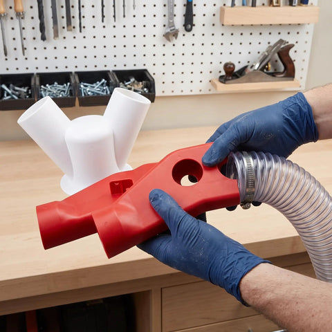 Heavy Duty Red Dust Hood For Machinery And Automatic Dust Collection Systems, red plastic hood connected to ducting.