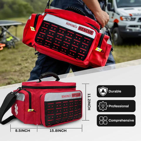 Rhino Rescue first aid kit bag in red with MOLLE front panel and reflective stripe; EMT/EMS trauma medical kit