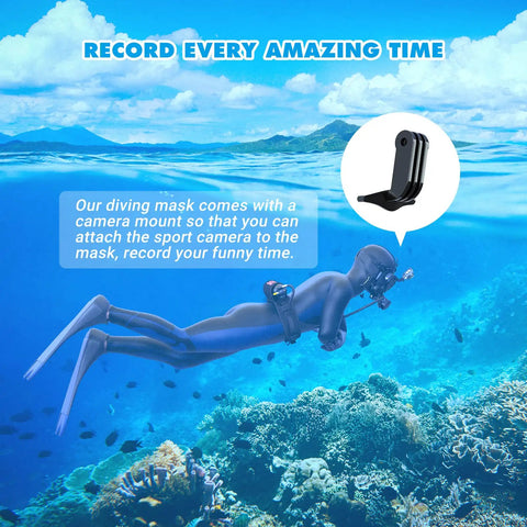 Full Face Diving Mask With Camera Mount For Adults, Compatible With S400, scuba diver underwater with coral reef.