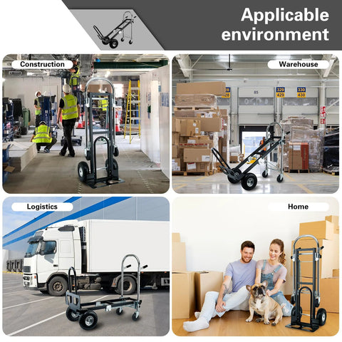 Three In One Industrial Convertible Hand Truck Dolly With 1000 Lb Capacity in various environments: construction, warehouse, logistics, home