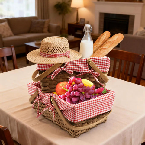 Dual Size Picnic Basket Set With Double Folding Handles 16 Inch Woodchip Woven Basket With Removable Red And White Liner on table.