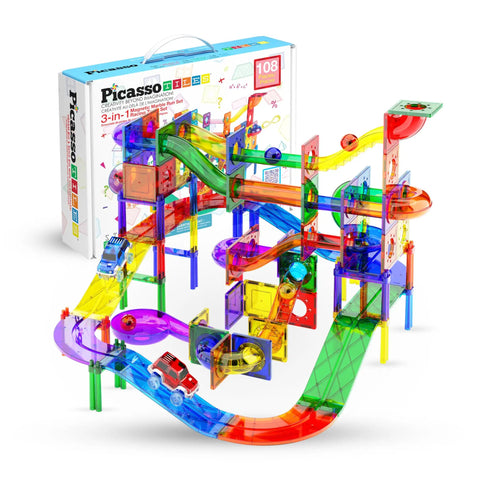 Colorful Magnetic Marble Run Set With Building Tiles And Race Track Slides Three In One STEM Learning Toy 108 Piece Kit