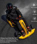 Person driving gokart with yellow frame using Two Pack 10-2.75 Inch Solid Tires With Quick Release Drift Style For Gokart Pro Pro 2 S Max And Lamborghini Edition Rear Tire Upgrade For Ninebot Gokart Family on asphalt track