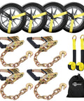 Heavy Duty Car Tie Downs Lock Tight Steel Ratchets Include Six Extra Long Tire Straps built to haul your rig locked down tight featuring 10000 pound break strength and tough polyester webbing for trucks.