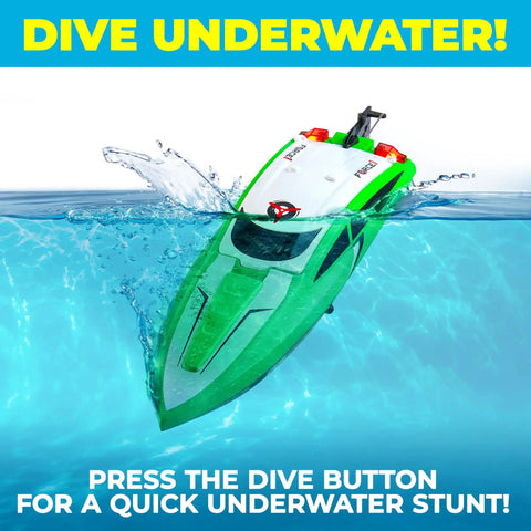 Velocity Green Fast RC Boat For Pools And Lakes High Speed Remote Control Boat for grownups and kiddos diving underwater