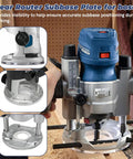 Top Tier Palm Router Subbase Base Plate Secured With Heavy Duty Screws For Bosch And DeWalt Users Featuring Ra Template Guide Support, clear view for precision cuts.