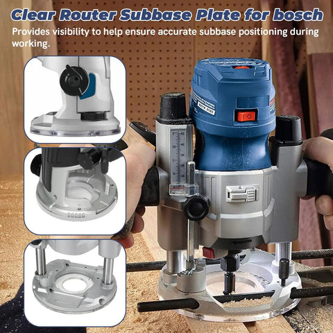 Top Tier Palm Router Subbase Base Plate Secured With Heavy Duty Screws For Bosch And DeWalt Users Featuring Ra Template Guide Support, clear view for precision cuts.